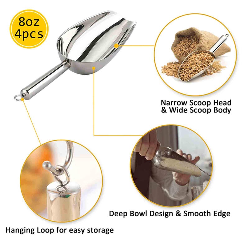TeamFar Ice Scoop Set of 4, 8 Oz Stainless Steel Utility Metal Scoop for Food Candy Popcorn and More, Healthy & Sturdy, Easy Clean & Dishwasher Safe - Image 3